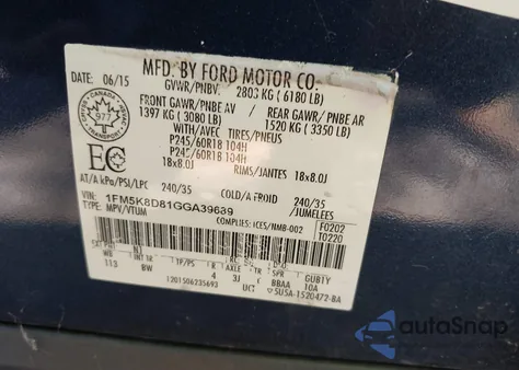 2016 Ford Explorer Xlt z USA, uszkodzony, nr VIN 1FM5K8D81GGA39689